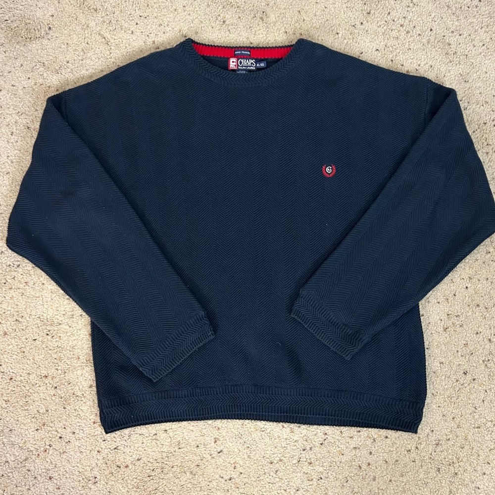Vtg Chaps Ralph Lauren Mens XL Navy Blue Chevron Knit Cotton Crewneck Sweater